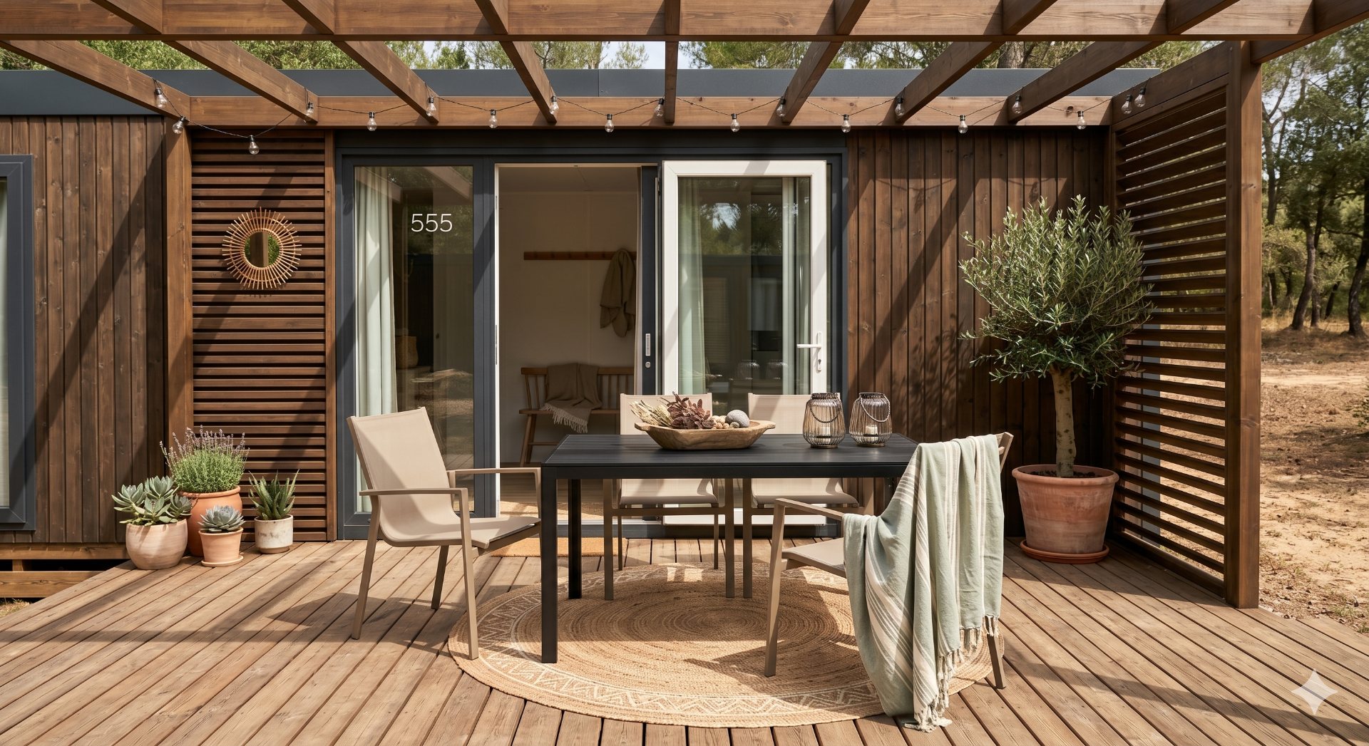 Terrasse en bois ombragée d'un mobil-home sous la pergola, Camping Les Chênes